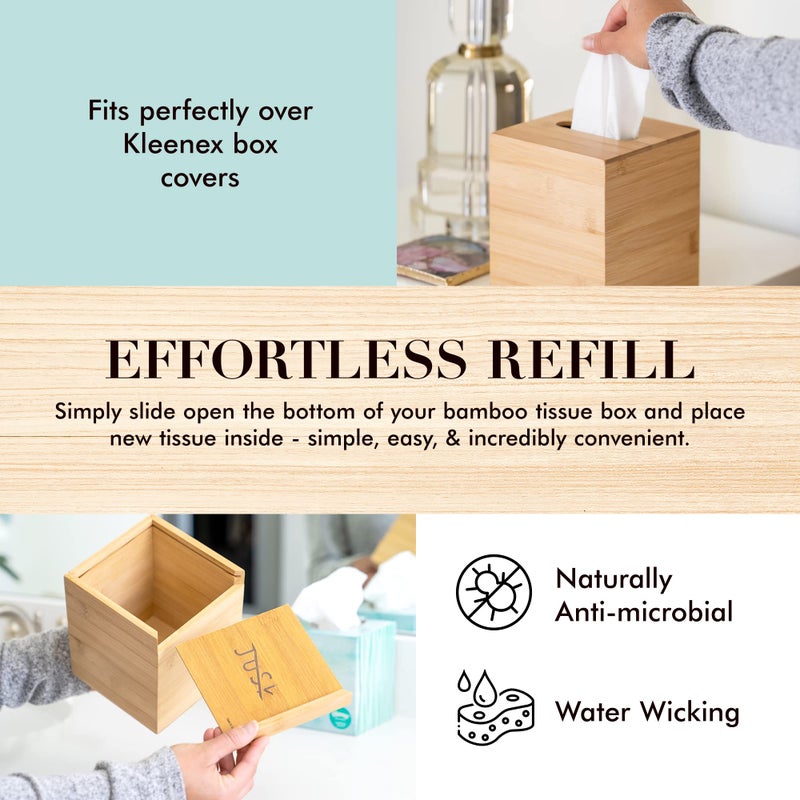JUSK Design Tissue Box Holder - Modern  Minimalist  Durable Wooden Box with Sliding Bottom  Easy-Refill - Premium-Quality Bamboo Cover  Square - Image 3